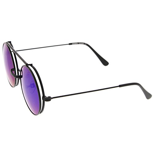 zeroUV - Mid Size Flip-Up Colored Mirror Lens Round Django Sunglasses 49mm (Black / Blue Mirror)