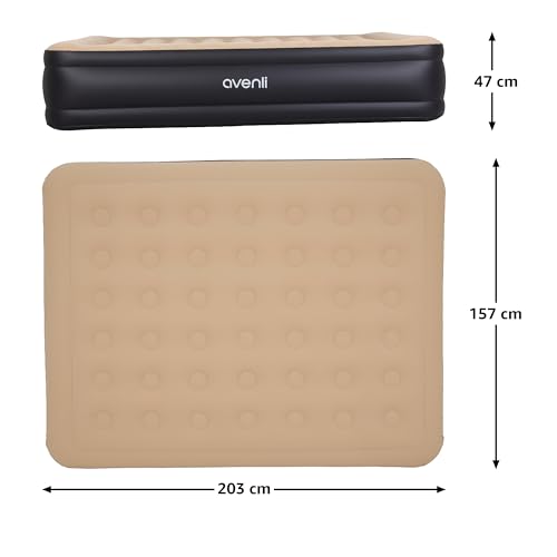 AVENLI Matelas Gonflable 2 Personnes 203x157x47 cm, Lit Gonflable Autogonflant Double avec Pompe Électrique Intégrée, Matelas pour Camping & Lit d'Appoint, Coil-Beam, Beige