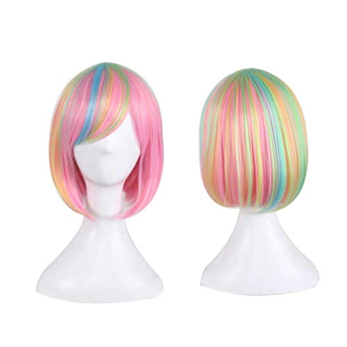 Wigood 14 inch Pink Bob Wig Short Straight with Free Wig Cap Cosplay Wigs for Kids Women