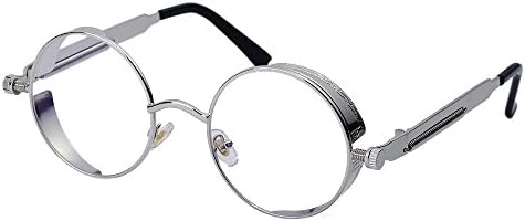 QIYIGE John Lennon Style Metal Spring Frame Round Steampunk Glasses with Clear Lens (Silver Frame/Clear Lens/Spring Temple, 51)