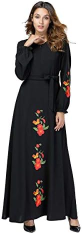 Acqrobe Women's Muslim Kaftan Maxi Dresses - Casual Round Neck Long Sleeve Oversized Embroidery Abaya Jilbab Long Dress