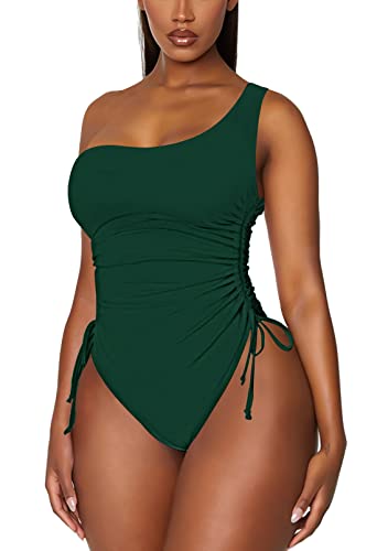 Viottiset Women's One Shoulder Regular One Piece Swimsuit Tummy Control High Cut Bathing Suit Dark Green M at Amazon