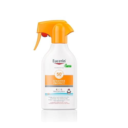 Sun Kids Sensitive Protect Spray Trigger FPS50+ (250 ml), crema de sol con filtros UV, protector solar infantil en spray resistente al agua, protección solar para pieles sensibles