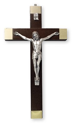 25cm Walnut Wood Wall Hanging Crucifix Cross Silver Jesus 10599