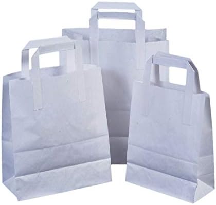20 x White Paper Food / Takeaway / Party Bags with Flat Handles - 8.5" x 9.5" x 4" (Medium)