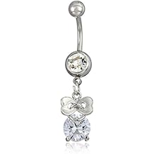 Women's Surgical Silver Stainless Steel Cubic Zirconia Belly Body Piercing Jewelry Ring With Bow Charm, One Size