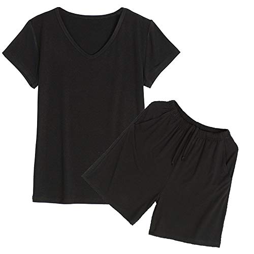 Jusfitsu Summer Women Pajama Set Short Sleeve Modal Sleepwear Solid Top and Short Soft Loungewear Elastic Black XL - Thumbnail 6