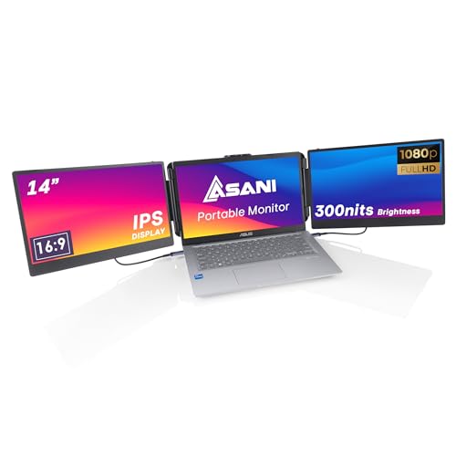 Photo 1 of Asani 14" Portable Monitor - Full HD Tri-Screen Extender for Laptops, USB Type-C plus HDMI, Plug and Play, Compatible with 13"-17" Laptops, 1080P IPS Panel Display, 300nits Brightness, MacOS & Windows