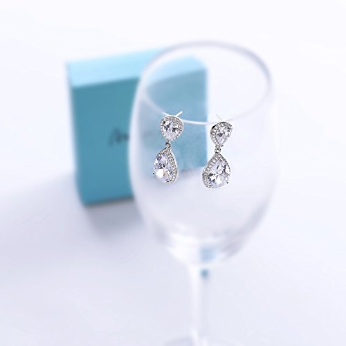 Crystal Jewelry Set for Women - AMYJANE Charming Pear-Shape Sterling Silver Full Cubic Zirconia Bridal Pendant Necklace Dangle Earrings Set