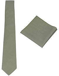 Mens Solid Skinny Linen Tie with Pocket Square Gift, Sage Green, Size One Size