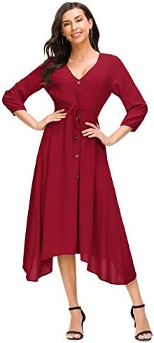 Cantonwalker Women's Dress Deep V-Neck Casual 2018 Summer 3/4 Sleeve Beach Dress Holiday Dress Waist Tie Printed Dress 0058