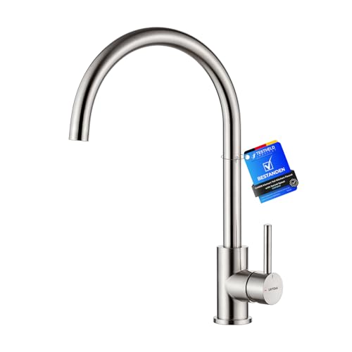 GRIFEMA G4008 Kitchen Sink Taps Mixer with Single Lever High Arc 360°Swivel, Stainless Steel Kitchen Mixer Taps 1 hole with Chrome Finish, Classic Des