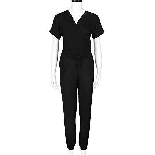 Chanyuhui Jumpsuits for Women Solid V Neck Long Pants Bandage Clubwear Romper Jumpsuit Bodysuit (M, Black)