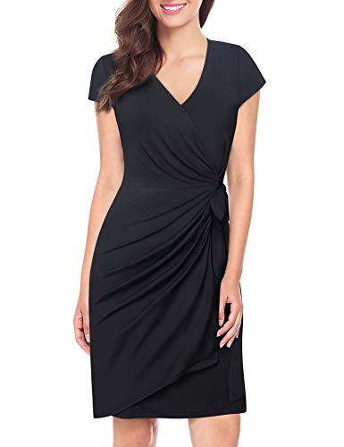 Lotusmile Black Dresses for Women Fit and Flare Midi Bodycon Ladies V Neck Cap Sleeve Cocktail Wrap Dress Special Occasion - Thumbnail 6