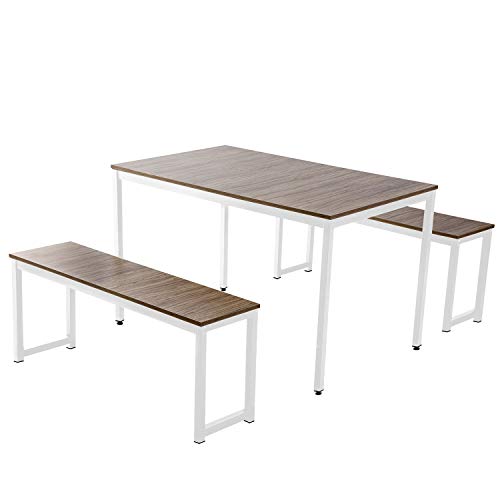 Dining Room Table Set, 3 Pieces Farmhouse Kitchen Table Set with Two Benches, Metal Frame and MDF Board, Modern Furniture for Home, Cafeteria, Apartment and Farm House (Brown)
