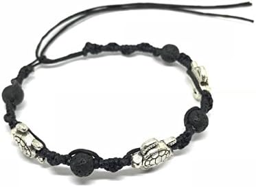 Turtle Steel Bracelet or Anklet - Lava Rock Stone Beads Turtle Hemp - Adjustable Cord