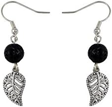 Diffuser Earrings, Black Volcanic Lava Bead and Small Silver Tone Leaf, Unique Aromatherapy Jewelry