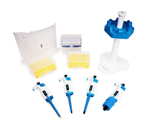 Micropipette Complete Starter Kit Set 0.5-10ul, 10-100ul, 100-1000ul, 1-10ml Single Channel with Tips Box/Packet and Pipette Carousel Stand by Microlit