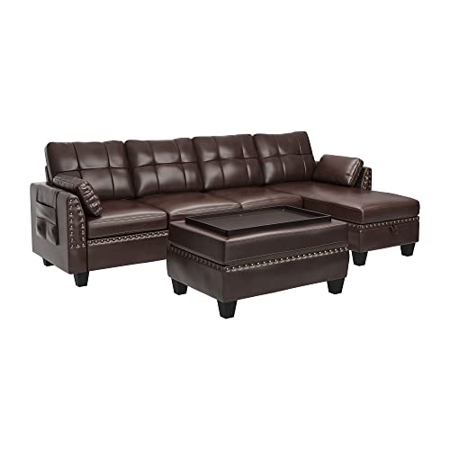 HONBAY Convertible Sectional Sofa Couch Faux Leather L Shaped Couch Sofa Set Reversible