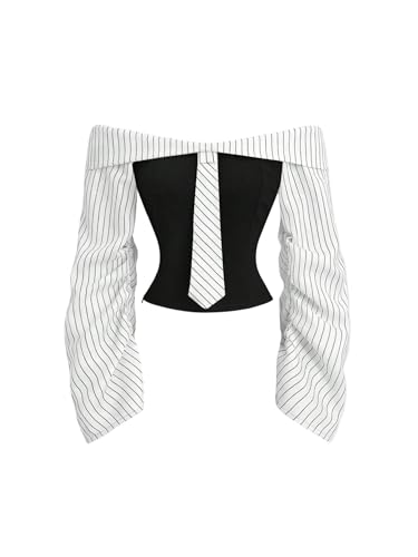 SOLY HUX Women's Off The Shoulder Striped Bow Tie Fitted Long Sleeve Shirts at Amazon