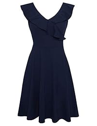 Vestido largo a media pierna con cuello en V y volantes elegantes de OTEN para mujer con bolsillos