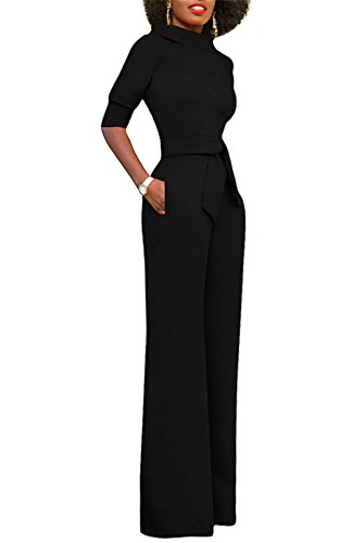 KISSMODA Womens Elegant Wide Leg Work Jumpsuits Long Fitted Romper Pants Half Sleeve with Belt (X-Large, Black)