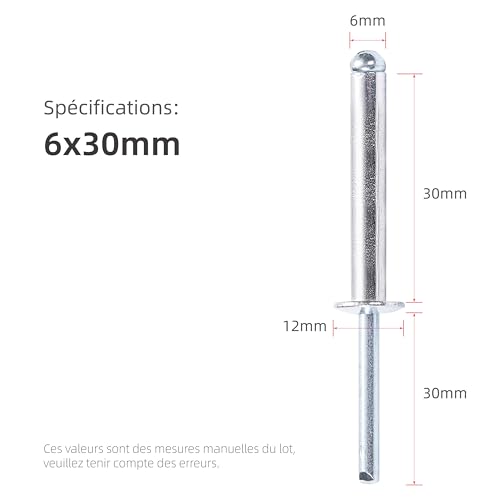 Aluminium Blind Rivets, Extra Long Curved Head, Steel Rod – DIN 7337 A – For Thick Sheet Metal (Ø6.0 x 30 mm, 30 Pieces)