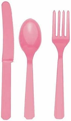 24 Plastic Cutlery Birthday Wedding Solid Colours Tableware Party Supplies plastic spoons and forks set (Baby Pink)