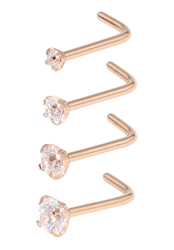 SkullParty 4 Pcs Stainless Steel Nose Rings Studs 20 Gauge L Shaped Curved Nose Piercing 1.5mm 2mm 2.5mm 3mm Diamond CZ Nose Stud L Bend for Women Girl Piercing - Rose Gold