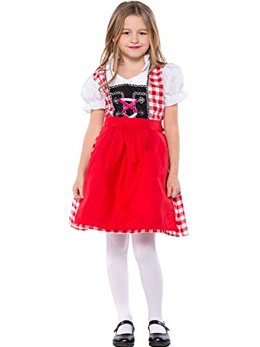 MYRISAM Girls Bavarian Oktoberfest Costumes Dirndl Dress with Apron Beer Maid Fancy Dress Carnival Halloween Costume Red 8-9T - Thumbnail 2