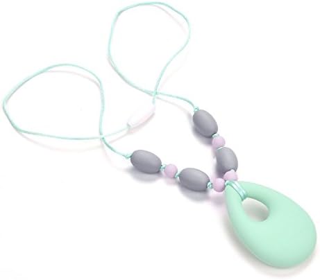 AmBaby Teething Necklace for Mom to Wear – Baby Beads with Teardrop Pendant – Silicone Teether Toy (Dreamy Mint)