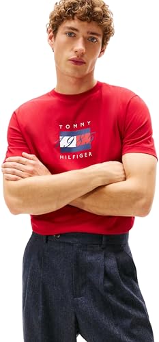 Camiseta de Manga Corta Hombre Linear Flag Graphic Regular Fit, Rojo (Medium Red), XS
