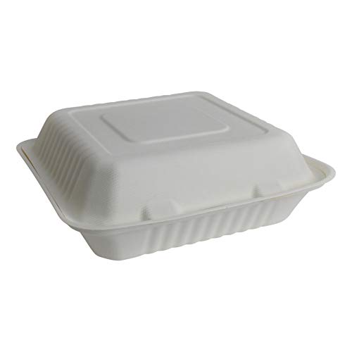 Brheez 9”x9”x3” Bagasse Takeout Natural Disposable Clamshell Lid Containers, Biodegradable, Compostable & Chemical Free - Pack of 50
