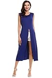 HOTOUCH Women Sleeveless Open Front High Slit Casual Long Shirts Navy blue S
