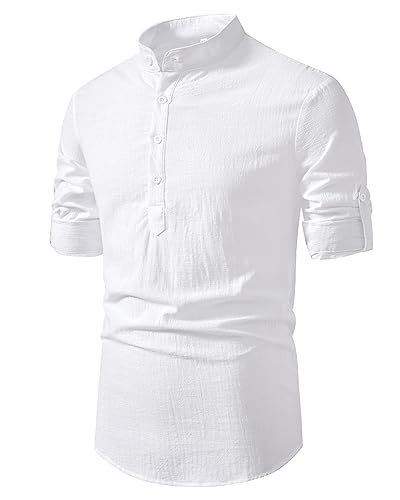 HAKJAY COTTON LINEN SHIRTS FOR MEN CASUAL SHIRTS LONG SLEEVE HENLEY BEACH SHIRTS HAWAIIAN T SHIRTS FOR MEN WHITE SMALL
