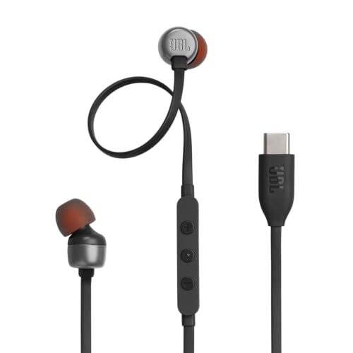 JBL Tune 310C - Kabelgebundene Hi-Res In-Ear-Kopfhörer, verwicklungsfreies Flachkabel, 3-Tasten-Fernbedienung mit Mikrofon (Schwarz)