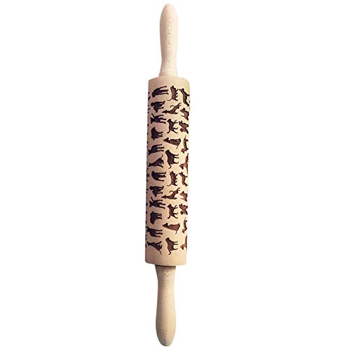 Transer Wooden Rolling Pins with Embossing, Natural Wood Cat Carved Engraved Rolling Pin for Baking Embossed Cookies, 15.2 Inches (Yellow - cat)
