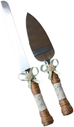 Rustic Country Wedding Burlap Twine Knife and Cake Server Set (Mint)