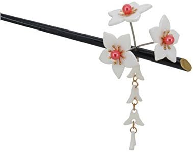 FINGER LOVE Geisha Hair Stick with Acrylic Peach Flower Cluster and Tassels (White)