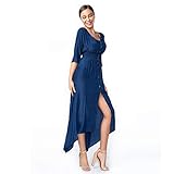 Sirhao Boho Maxi Dress Midi Dress Solid Color 2/3 Sleeve Dress Closing Split Navy Blue with Earrings
