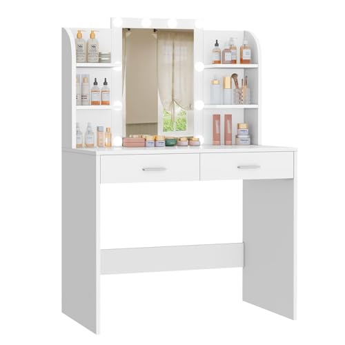 TEENFON Vanity Desk with Large Mirror & 10 Lights, Makeup Vanity with 6 Shelves, Dressing Table with 2 Drawers, 3 Color Light Adjustable for Bedroom, Modern, White
