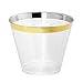 100 Gold Rimmed Plastic Cups and 1 Gold Ice Tong Set - 9 Ounce Disposable Cocktail Glasses - Fancy Wine Tumblers for Weddings, Birthdays, Engagements, and Bridal Showers - Elegant Party Supplies