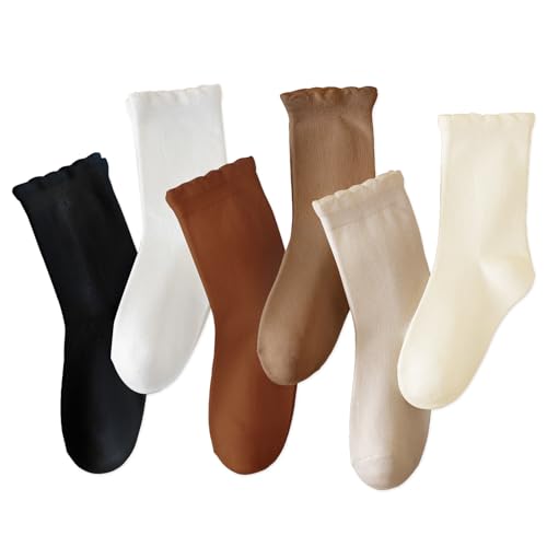 ANYANIME 6 Pack Girls White Dress Scallop Socks for Toddlers and Kids - Cute Cotton