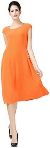 VOA Women's Orange Scoop Neck Short Sleeve Silk Midi Dress A6116