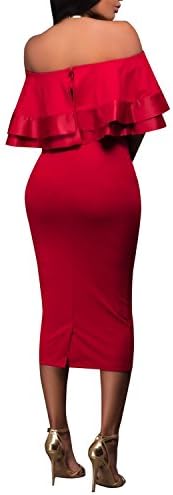 Dynen Women's Off Shoulder Ruffles Bodycon Cocktail Party Midi Dress