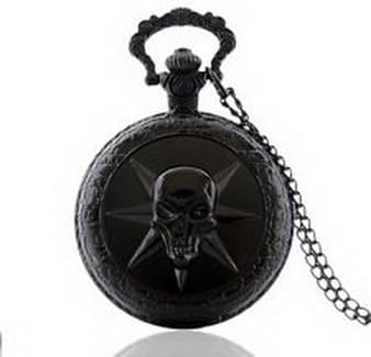Pixle Pocket Watch - Antique Black Skull Quartz Vintage Pocket Watch Pendant Chain Necklace Gift P374