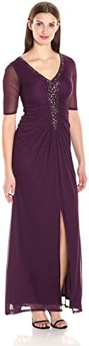 Onyx Nite Women's Long Mesh Gown with Beaded Front V-Neck, Plum, 16