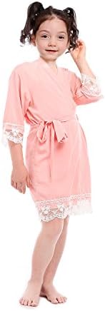 Lilywei Girl's Soft Cotton Robe 3/4 Long-Sleeve Bathrobe With Lace Flower For Spa Wedding Birthday (8 Year, Pink)