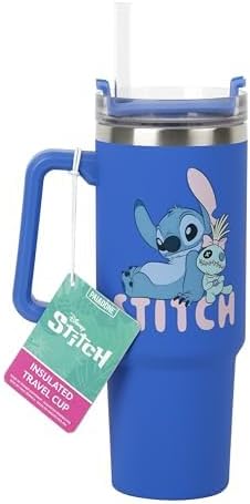 Tasse de voyage isotherme Disney Stitch avec paille bleue, 900 ml, Produit sous licence officielle avec poignée pour thé glacé ou café