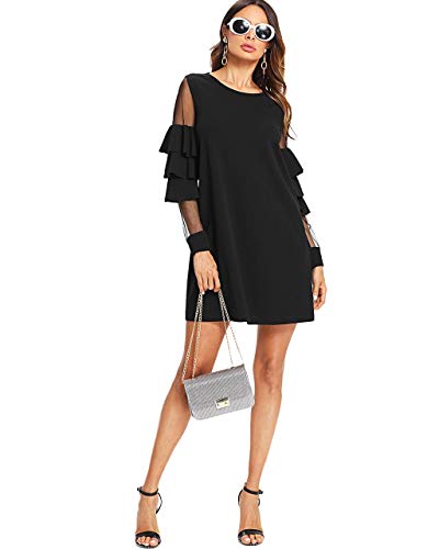 DIDK Damen Elegant Kleider Rundhals Minikleider Locker mit Netzstoff und Glockärmeln – Bild 5